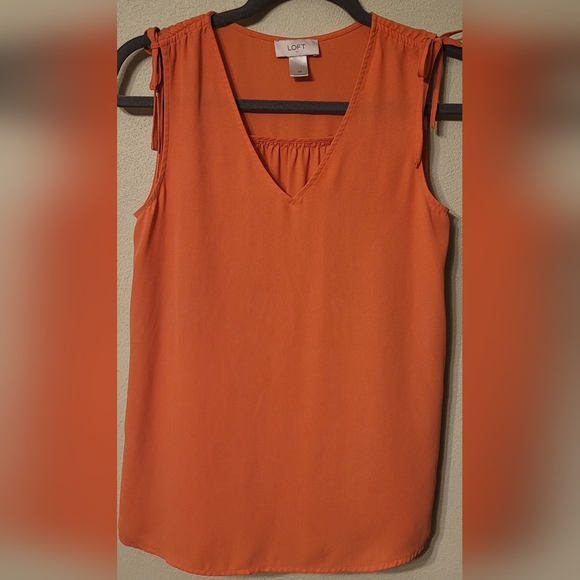 LOFT ORANGE V NECK RUCHED DRAWSTRING SHOULDERS TOP BLOUSE XS - Picture 1 of 5